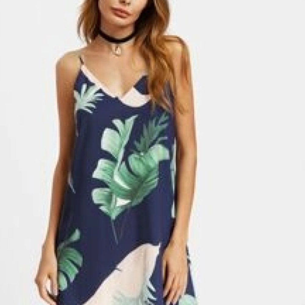 Shein leaf print blue dress size small